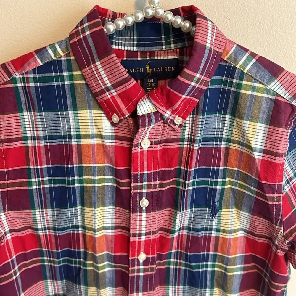 Ralph Lauren Boys L 14-16 Short Sleeve Plaid Button Down Shirt Cotton Madras